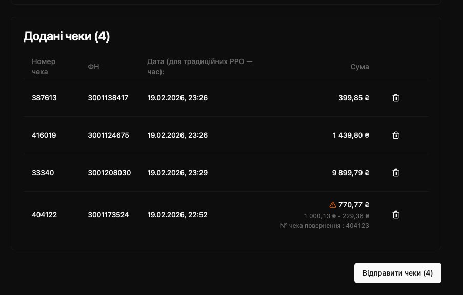 Чек додано до таблиці перед відправкою